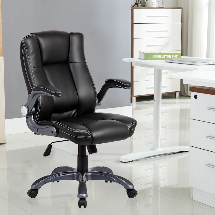 Scaun de birou directorial Kring Winston, manere rabatabile, piele ecologica, Negru