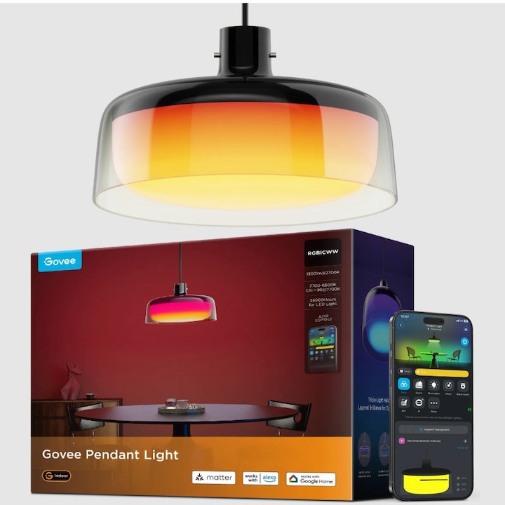 Lampa suspendata smart RGB+RGBWW Govee H60C13F1, 3 sectiuni controlabile independent, 2700K-6500K, Wi-Fi 2.4GHz, Bluetooth, Control vocal, Alexa, Google Assistant, Matter, clasa energetica G