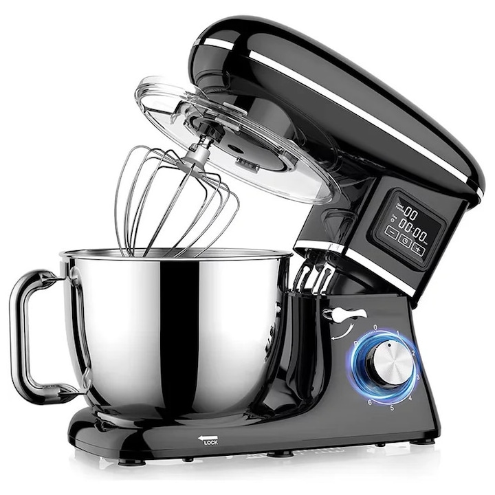 Robot de bucatarie, Mixer planetar, bol 6, 5L inox, motor 1900W, 6 viteze, afisaj inteligent, framantare si mixare, negru