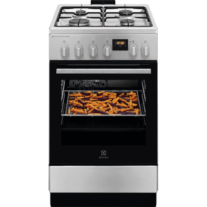 Aragaz Electrolux LKK564221X, Mixt, 4 arzatoare, Cuptor electric, Autocuratare catalitica, SteamBake, AirFry, Timer, Grill electric, Clasa A, 50 cm, Inox