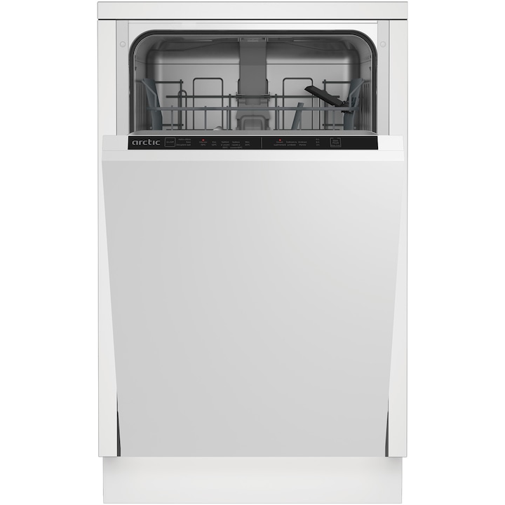 Masina de spalat vase incorporabila Slim Arctic DIS1502, 10 seturi, 5 programe, Clasa E, Sistem dedurizare ape, Aqua Protect, Amanare pornire, 45 cm