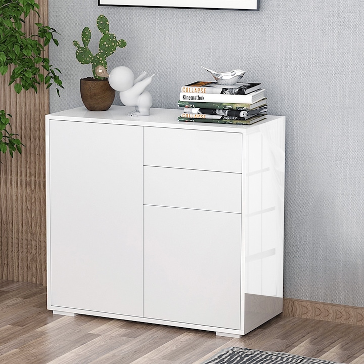 Comoda cu 2 sertare si dulapuri cu deschidere prin presiune Homcom, PAL, 79 x 36 x 74 cm, Alb