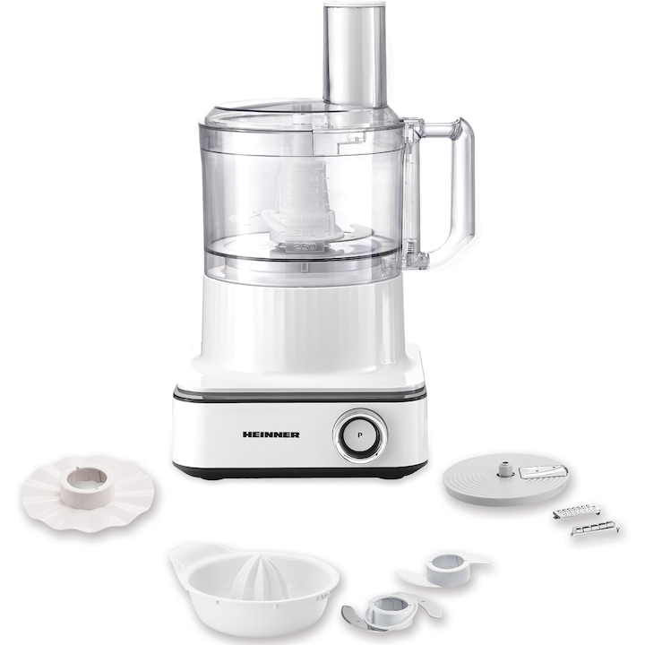 Robot de bucatarie Heinner FineGourmet HFP-K1000WP, 1000W, 6 viteze+pulse, bol procesare: 2.3L, lame inox, disc framantare, 3 lame feliere, disc emulsifiere, cana plastic 1.5l, storcator citrice, alb