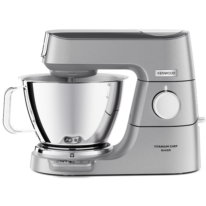 Robot de bucatarie KENWOOD Titanium Chef Baker KVC85.594SI, 1200 W, 2 vase 5l/3.5 l, 10 trepte viteza, cantar integrat, ecran LCD, blender, masina tocat, procesor alimente, 4 accesorii patiserie, argintiu
