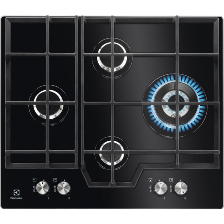 Plita incorporabila Electrolux KGG6456K, Gaz, 4 arzatoare, Aprindere electrica, Arzator Wok, Dispozitiv de siguranta, Gratare fonta, 60 cm, Sticla neagra