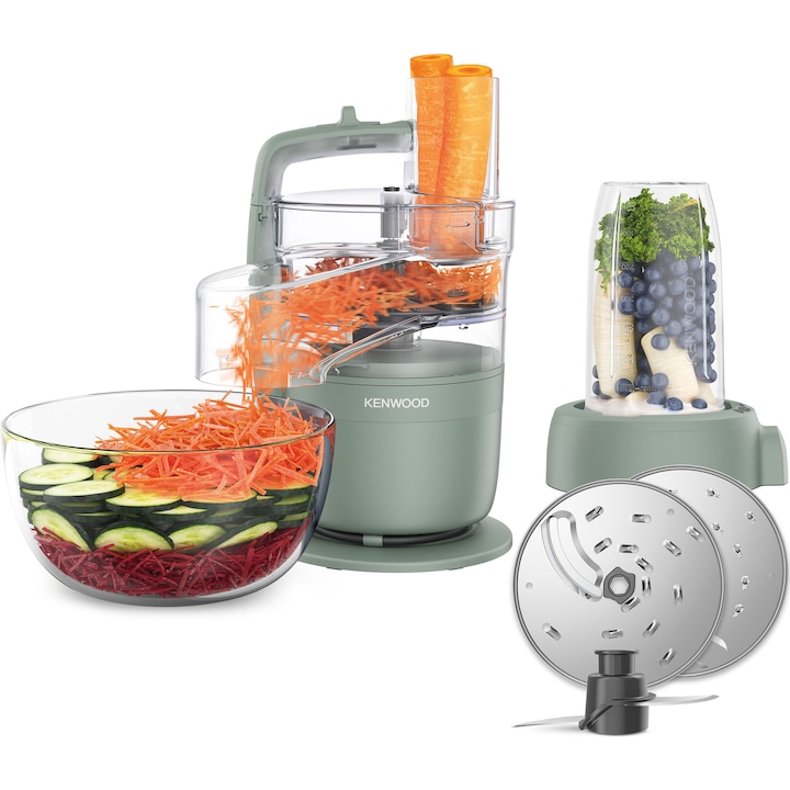 Robot de bucatarie compact KENWOOD MultiPro Go FDP23.380GR, 900W, vas 1.3L, blender 600 ml, 2 trepte viteza, functie 360° Express ServeTM pentru feliere/razuire nelimitata, verde