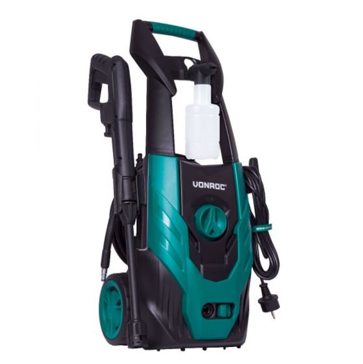 Aparat de spalat cu presiune VONROC, PW504AC, putere 1400W, presiune 110 bar, debit maxim 390 l/min, recipient detergent, lungime furtun 5m, lungime cablu 5m, pompa din aluminiu, sistem automatic start/stop, accesorii incluse, greutate 7kg