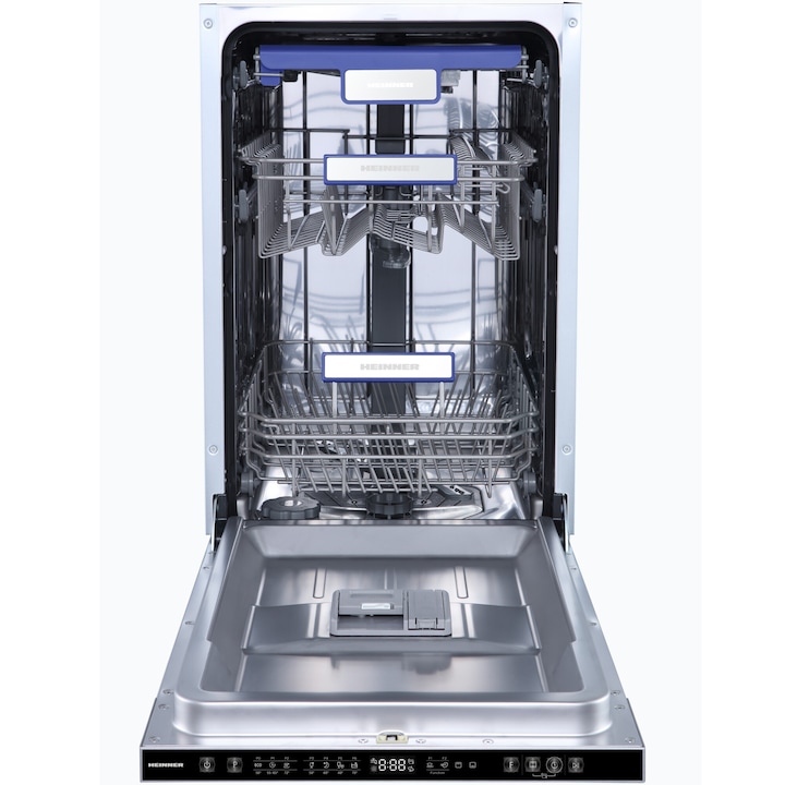 Masina de spalat vase incorporabila Heinner HDW-BIM45710AD+++, 10 seturi, 7 programe, Display LED, Auto-door opening, Aquastop, Clasa D, 45 cm