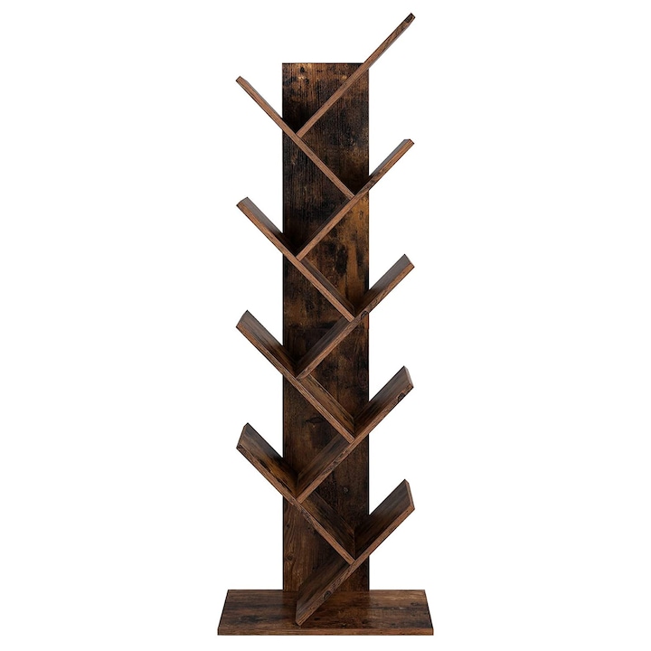 VASAGLE Biblioteca de podea cu 8 etaje, cu rafturi din lemn in forma V, 25x141x50cm, maro rustic