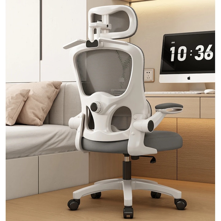 Scaun Ergonomic, TOP SCAUNE®, Scaun Birou Ergonomic Reglabil, Tetiera 4D Reglabila, Suport Haine Integrat, Suport Lombar Dinamic, Spatar Mesh Respirabil, Cotiere Rabatabile 90°, Sezut Buretat Spuma HD, Functie Balans Inclinare 35°, Pivotant 360°, Alb/Gri