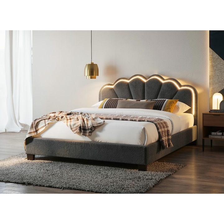 Pat tapitat Comfort 2 cu LED, 160x200, cadru din lemn cu somiera fixa, culoare Gri