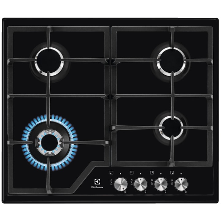 Plita incorporabila Electrolux EGS6436K, Gaz, 4 arzatoare, Wok, Aprindere electica integrata, Gratare fonta, 60 cm, Negru