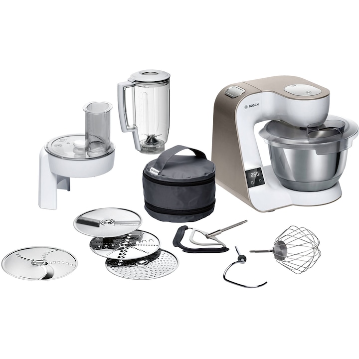 Robot de bucatarie Bosch MUM5XW20, 1000W, 7 trepte de viteza + Pulse, 3D PlanetaryMixing, cantar integrat, 3.9 l, capacitate bol, alb maro
