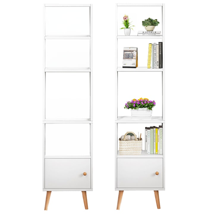 Biblioteca in picioare, dulap, 5 rafturi, stil scandinav inalt, pentru carti, alb 180x50x30 cm MUVU