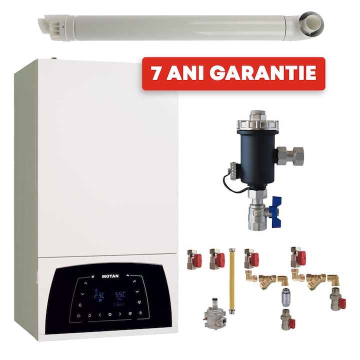 Centrala termica Motan Condens Plus 100 25 kW, C38GC25V1, in condensare, 7 ani garantie, schimbator principal inox, kit montaj complet RTM, filtru antimagnetita 3/4" si kit de evacuare RTM inclus