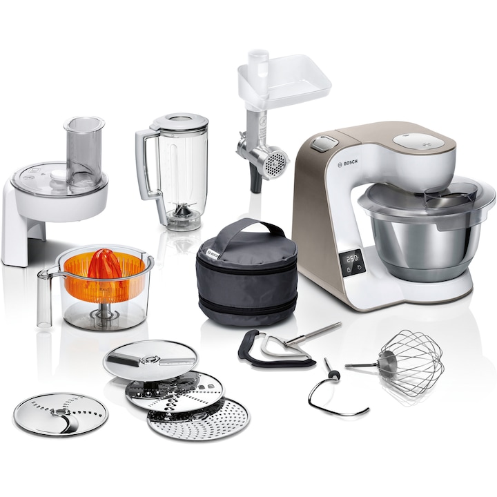 Robot de bucatarie Bosch MUM5xW40, 1000W, 7 trepte de viteza + Pulse, 3D PlanetaryMixing, Cantar integrat, 3,9 l capacitate bol, alb maro