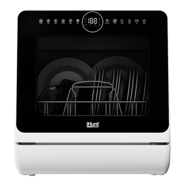 Masina de spalat vase compacta iHunt Bro Dishwasher Xpert, Turbo Clean, 950W, Pompa Evacuare, Control Digital, Clasa B, 6 Programe, Incalzire / Uscare, Alimentare apa robinet / manual, Rezervor Economic Apa 5l, 45cm, White