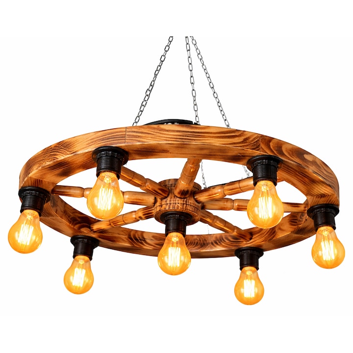 Candelabru Rustic Lemn Ars 58 cm, 7x E27, Tip Roata, Iluminat Vintage Cabana