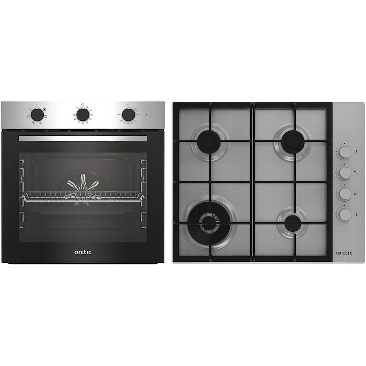 Pachet Cuptor incorporabil Arctic ARSE11130XD, 71 l, Electric, 6 functii, AquaDropClean, Grill, Timer, Clasa A + Plita incorporabila, Gaz, 4 Arzatoare, Aprindere electrica, Wok, 60 cm, Inox