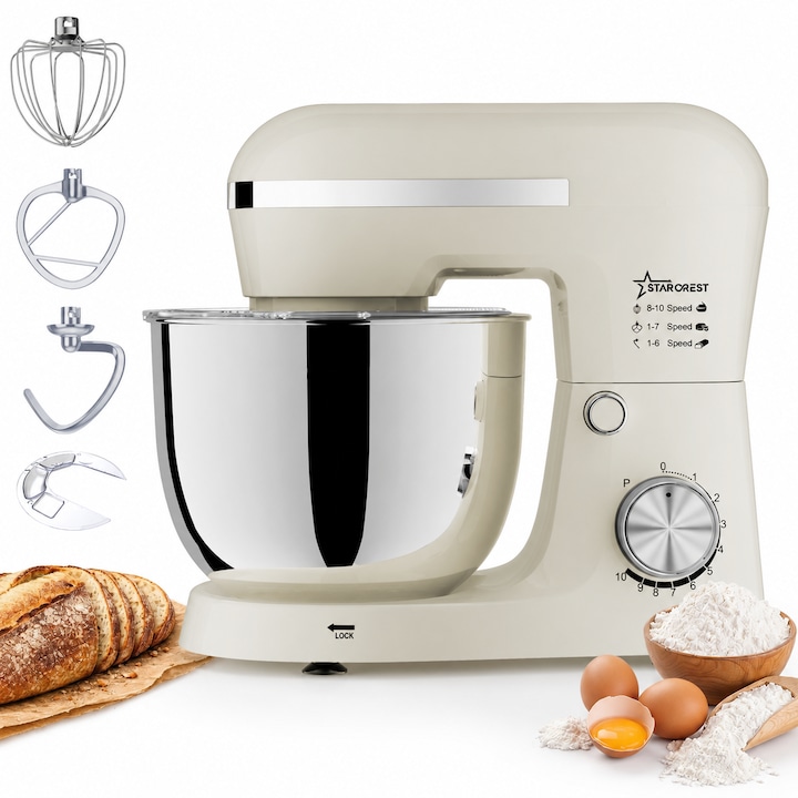 Robot de bucatarie STARCREST SKM-1550CR, 1500 W, Bol 5 L Inox, 4 Accesorii, 10 Viteze + Pulse, Crem