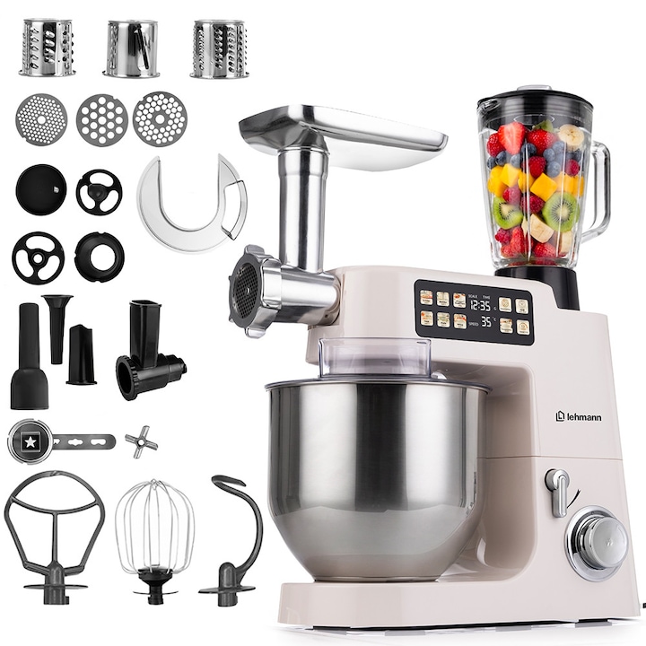 Robot de bucatarie planetar Lehmann TEYLES, 2100W, bol 8L, blender 1.5L, 12 viteze + Pulse, afisaj tactil, cantar integrat, functie fermentare, masina de tocat carne, functie de tocare legume, BPA Free, bej, 7.6 kg, 44x37.5x25.5 cm