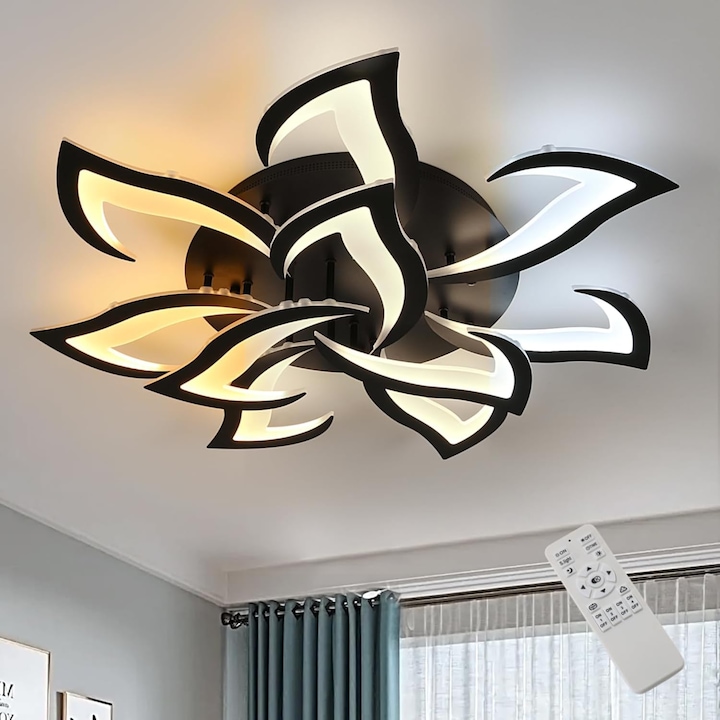 Plafoniera Cu Led Reglabila, Trei culori ale luminii, Goeco, 85w, Cu Telecomanda/App, 3000k-6500K, Design floral creativ cu 10 Petale, Pentru Sufragerie, Dormitor, Sufragerie, Negru