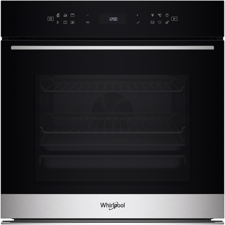 Cuptor incorporabil Whirlpool WOI78PT1SXA, Electric, 73 l, Autocuratare pirolitica, Thenologie al 6-lea simt, Casa A+, Negru/Inox
