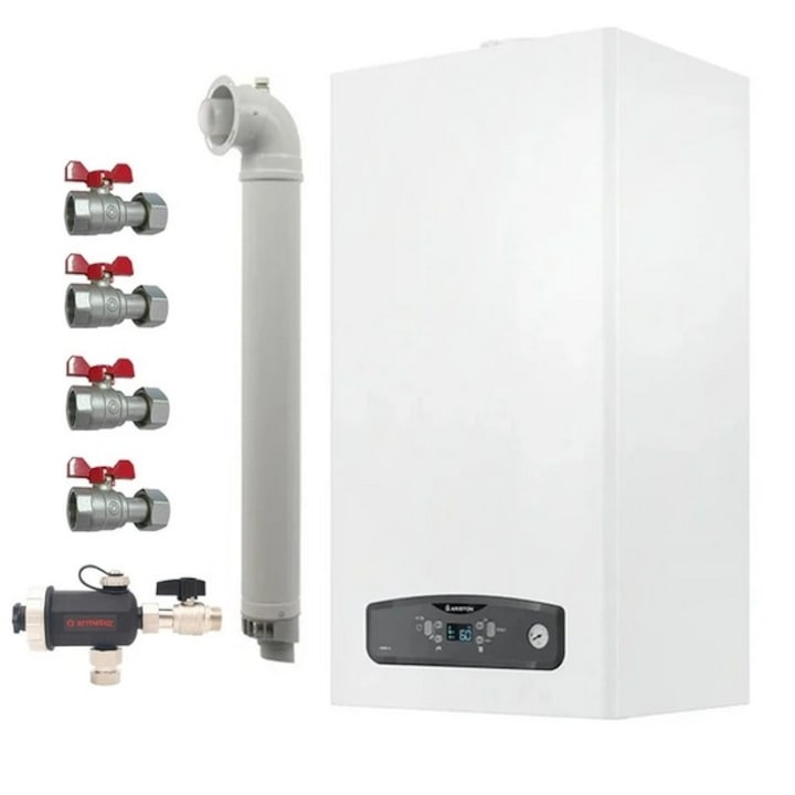 Pachet centrala termica pe gaz/GPL in condensare Ariston Cares S 24 kW, schimbator otel inox, incalzire si ACM, Kit evacuare inclus, Robineti si Filtru antimagnetita