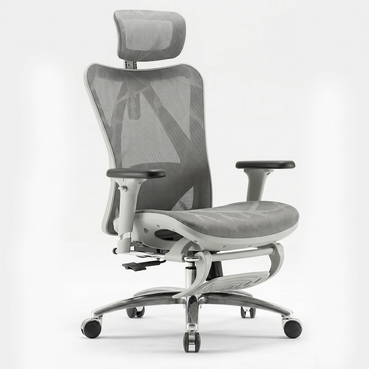 Scaun Ergonomic SIHOO®, Scaun Birou Reglabil Inaltime, Tetiera 2D Ajustabila, Cotiere 3D Reglabile, Suport Lombar 2D, Suport Picioare Extensibil, Mecanism Inclinare Si Blocare In 3 Pozitii, Tapiterie Din Mesh Respirabil, Baza Aluminiu, Pivotant 360°, Gri