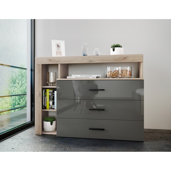 Comoda Irim Maraton 120x43x85.9 cm, MDF Stejar/Gri Cobalt