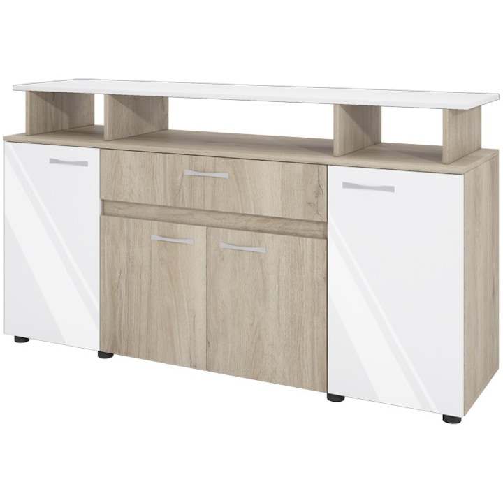 Comoda Irim Space 153,6x43x85 cm, 4 usi , 1 sertar, Culoare Sonoma Arwen, Alb Gloss