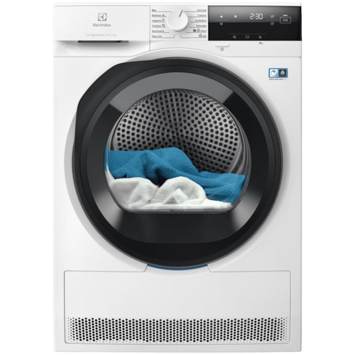 Uscator de rufe Electrolux EW7D385AE, Pompa de caldura, 8 kg, Clasa C, Sistem uscare DelicateCare + Sensicare, Motor Inverter, Iluminare interioara tambur, Usa reversibila, Alb