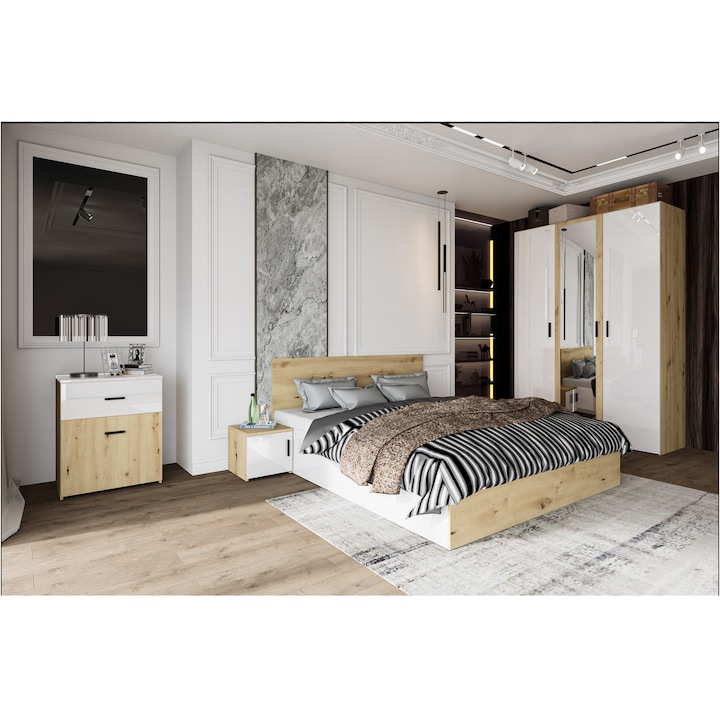 Set Mobila Dormitor Irim Treff , Pat 160x200 cm, Dulap, 2 Noptiere, Comoda, Culoare stejar/alb