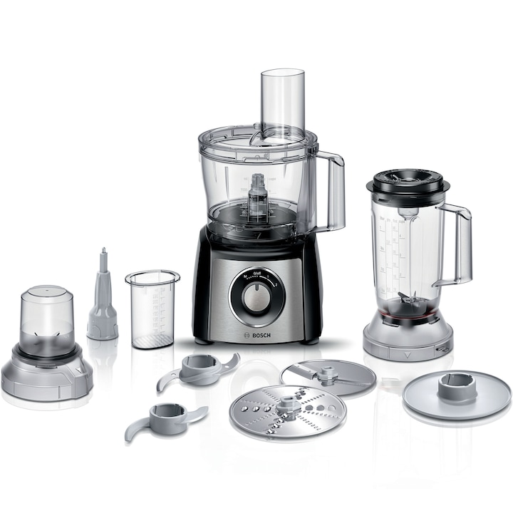 Robot de bucatarie Bosch MCM3501M, 800 W, bol 2.3 l, blender 1 l, rasnita, 2 viteze, negru/ inox