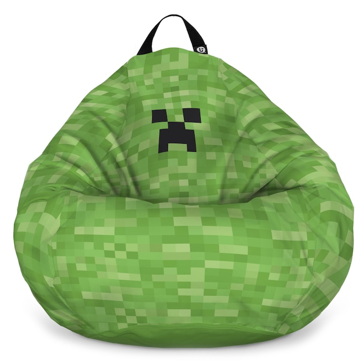 Fotoliu Updeco Puf Bean Bag tip Para XL, impermeabil, indoor/outdoor, sac interior, cu maner, 90 x 90 x 60 cm, minecraft creeper