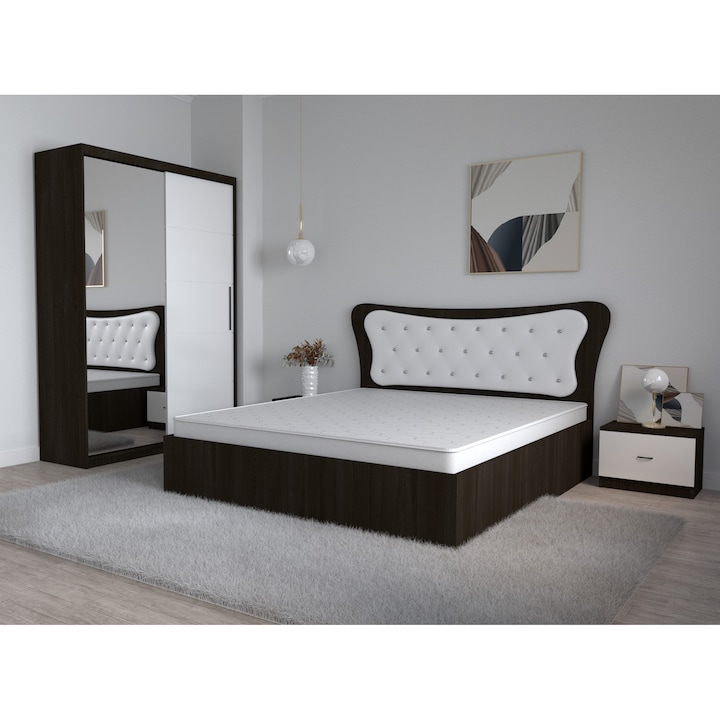 Set Dormitor Dante Magia Alb, Pat Matrimonial 160 cm x 200 cm si Noptiere 48 cm X 32 cm X 35 cm si Dulap usi Glisante cu Oglinda 150 cm x 200 cm x 61 cm