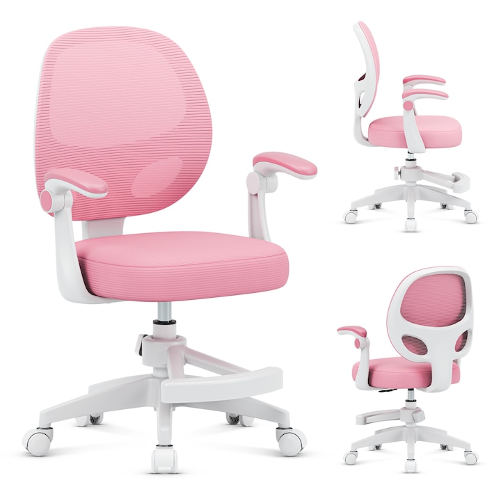 Scaun de Birou pentru Copii, Mark Adler, Junior 3.1, Ergonomic, Inaltime Reglabila, Cotiere Pliabile, Suport pentru Picioare Reglabil, Material Respirabil, Scaun Birou Cu Suport Picioare Retractabil, Rosa