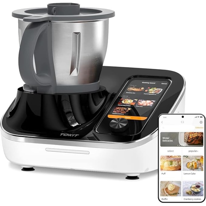 Robot de Bucatarie Inteligent TOKIT Omni Cook All-in-One, 21 Functii de Gatit, Ecran Touch 18 cm, WiFi, Cantar Integrat, Sous Vide, Mixare, Tocare, Zdrobire Gheata, 1500W, Negru