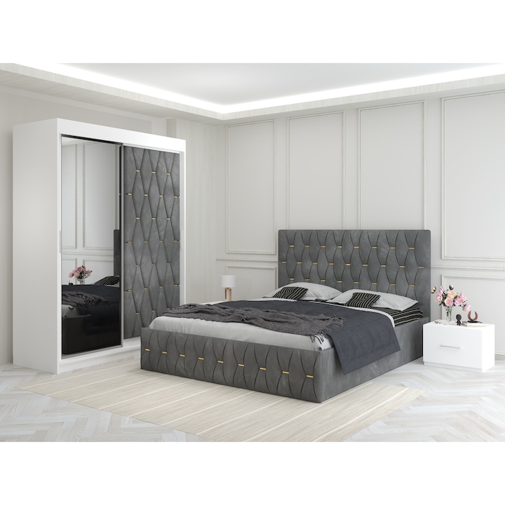 Dormitor Ana Gri cu Dressing Tapitat 150x200x60 cm si Pat Tapitat 160x200