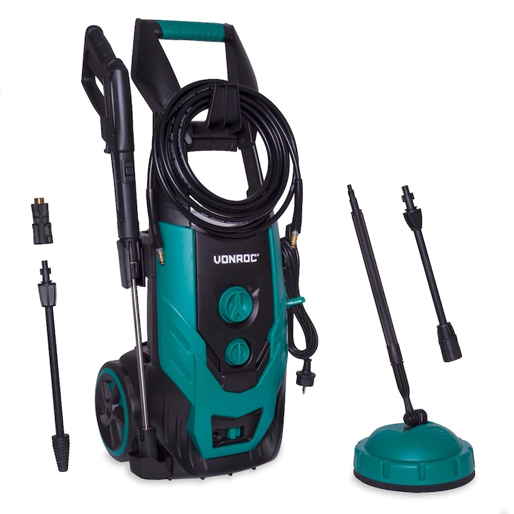 Aparat de spalat cu presiune VONROC, PW503AC, putere 2200W, presiune 170 bar, debit maxim 450 l/min, rezervor detergent, lungime furtun 8m, lungime cablu 5m, pompa din aluminiu, sistem automatic start/stop, accesorii incluse, greutate 13kg