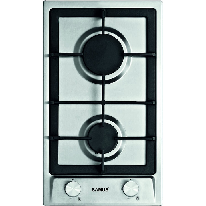 Plita incorporabila Samus PSG-32SX, Gratar din fonta, 2 arzatoare pe gaz, Sistem de siguranta, Aprindere electrica, Inox