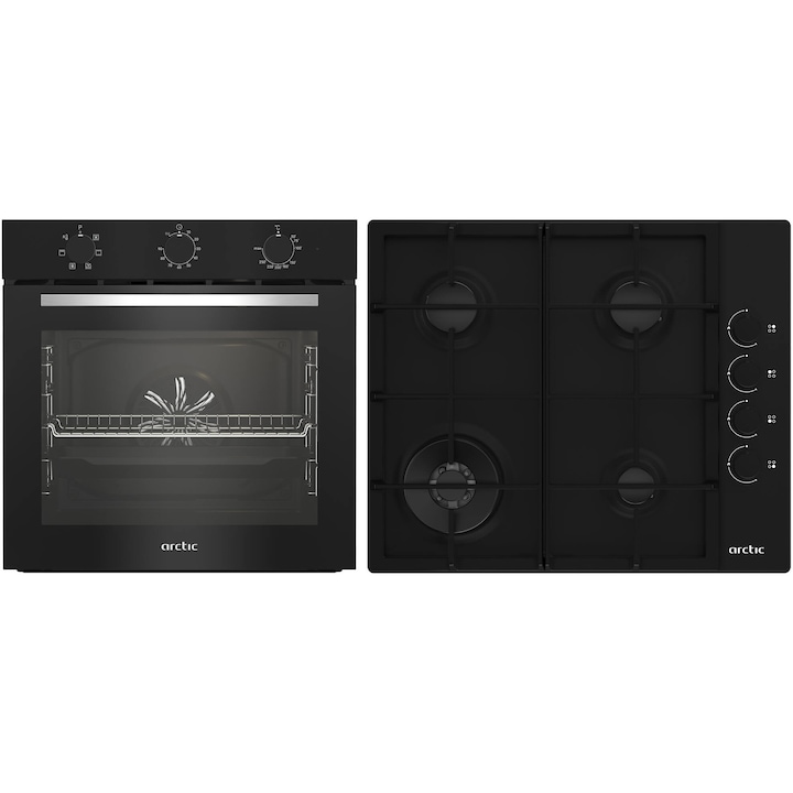 Pachet Cuptor incorporabil Arctic ARSE11130BD, 71 l, Electric, 6 functii, AquaDropClean, Grill, Timer, Clasa A + Plita incorporabila, Gaz, 4 Arzatoare, Aprindere electrica, Wok, 60 cm, Negru