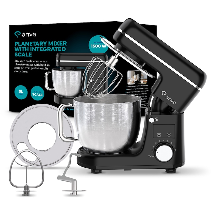 Robot de bucatarie planetar Ariva, 1500W, Bol din inox 5L, Cantar integrat cu afisaj LED, 8 viteze + Pulse, Angrenaj metalic, 3 accesorii, Negru