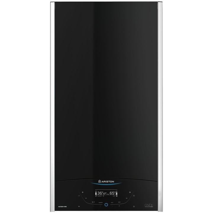 Centrala termica murala in condensare Ariston ALTEAS ONE+ NET 24, 24kW, gaz natural + GPL, Wi-Fi, senzor camera Sensys HD inclus, panou frontal din sticla, ecran tactil, schimbator caldura otel inoxidabil, control vocal, fara kit inclus