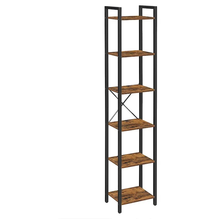 VASAGLE Raft cu 6 etaje, tip biblioteca, cadru metal si polite lemn, 30x40x187cm, industrial, maro rustic si negru