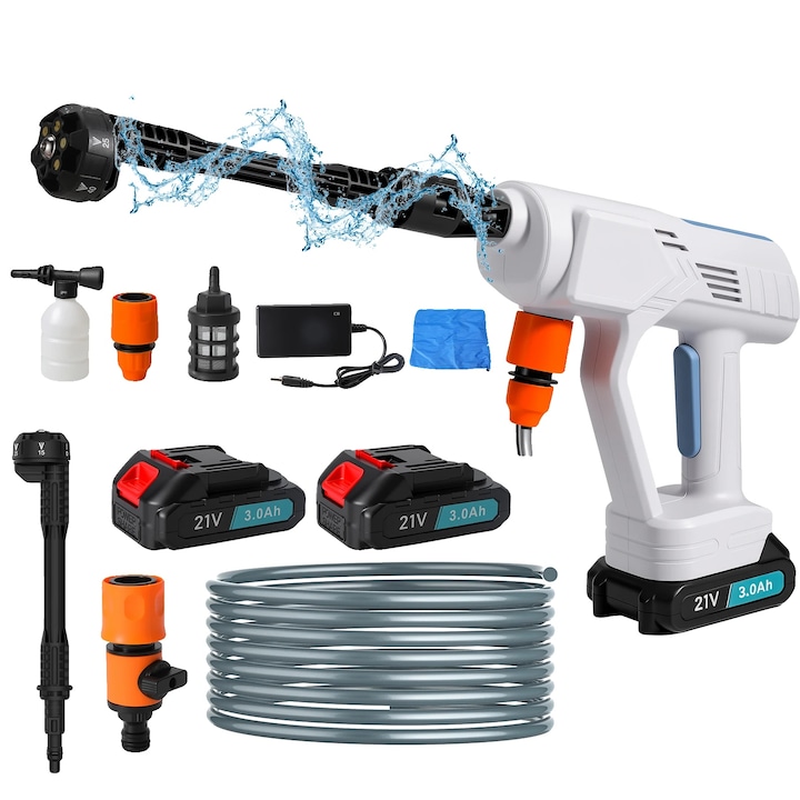 Aparat spalat cu presiune, cu 2 acumulatori, design portabil, duza ajustabila, 21V, 300W