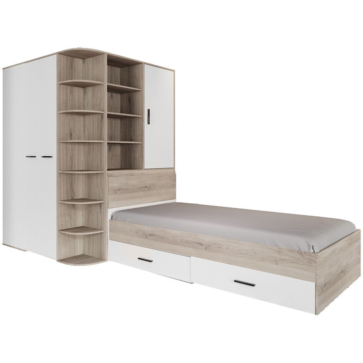 Set Mobila Dormitor tineret Irim Space, pat 90x200 cm, dulap colt, etajera