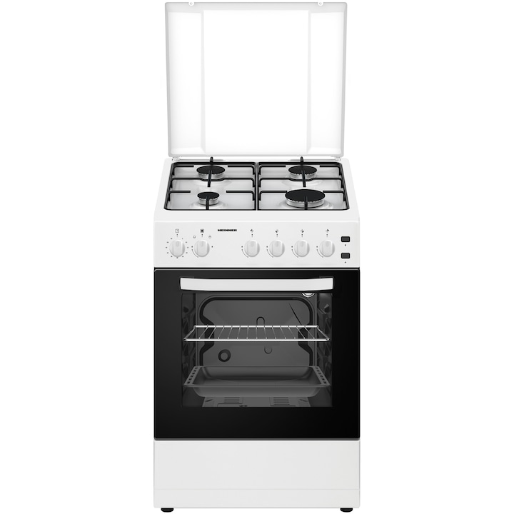 Aragaz Heinner HFSC-S50LITGWH, Gaz, 4 arzatoare, Aprindere electrica plita/cuptor, Dispozitiv de siguranta plita/cuptor, Timer, Grill, Lumina cuptor, 50 cm, Alb