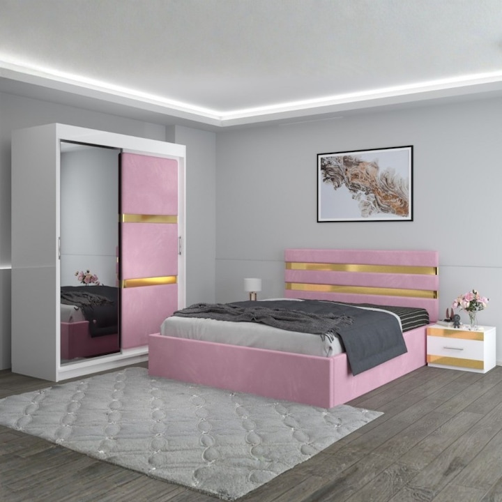 Dormitor Clio Roz Cu Dulap Tapitat CELA MOB - 140X200