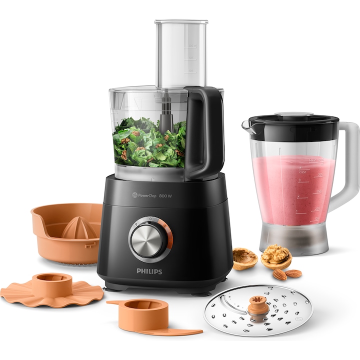 Robot de bucatarie Philips Viva Collection HR7510/10, 800 W, tehnologie PowerChop, 29 de functii, vas rezistent de 1.5L (capacitate de lucru 1L), disc 2 in 1, presa de citrice, tub XXL de alimentare, negru